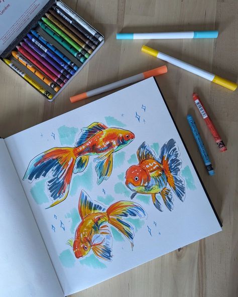 Playing with forgotten art supplies 🤭🥰 I rediscovered a HUGE case of water based markers and these Caran D'ache wax pastels. I have been loving the look of really loose sketching lately, so I thought the combination of these art supplies would be great for that. I'd love to know what you think of this looser style! #sketchbookdrawing #sketchdump #sketchbookartist #goldfishsketches #fishart Project Art Ideas, Water Marker Drawing, Alcohol Marker Sketchbook, Water Based Markers Art, Sketch Book Watercolor Ideas, Art With Markers, Marker Sketching, Ohuhu Markers Art, Loose Sketching