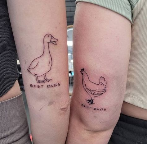 Best Friend Tattoos Funny Silly, Matching Friends Tattoo Tv Show, Best Friend Duck Tattoos, Cute Friends Tattoos, Funny Simple Matching Tattoos, Best Friend Tattoos Girly, Matching Country Tattoos For Best Friends, Matching Nature Tattoos Best Friends, Quirky Best Friend Tattoos