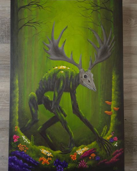 Some stills of this beast 🖤 working on a piece this big made me really want to do some larger paintings ° #crytidcreature #acrylicpainting #smallbusiness #spookyart #weirdcore #gothicdecor #cryptid #fantasy #duskwalker #leshy Gothic Decor, Large Painting, Acrylic Painting, Paintings, Paint, Halloween, Quick Saves, Art