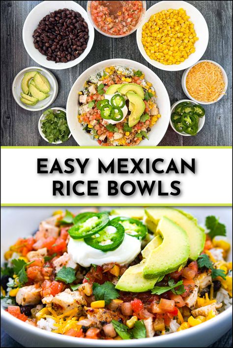 Mexican rice bowl with individual toppings in smaller bowls and text Mexican Rice Bowl Recipe Chicken, Rice For Bowls, Healthy Mexican Rice Bowls, Easy Bowl Meals, Mexican Protein Bowl, Southwestern Rice Bowl, Rice Bowls For A Crowd, Meatless Rice Bowls, Chicken And Rice Bowl Mexican