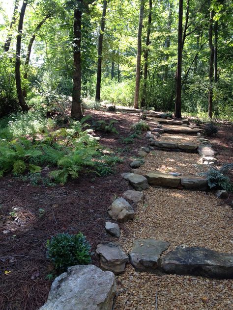 Wooded Yard, Wooded Backyard Landscape, Ranch Landscaping, Woodland Path, Landscaping Rock, Natural Path, Property Ideas, Pathway Landscaping, Wooded Landscaping