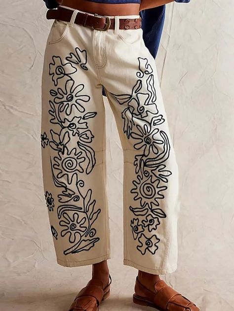 Black embroidered details baggy pants - Wapas Funky Pants, Embroidered Pants, Romper And Jacket, Embroidered Clothes, Baggy Pants, Baggy Pant, Wide Pants, Seasonal Fashion, Dress With Boots