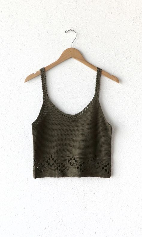 Meet our Dixie Crochet Top in muted green: A crochet crop top featuring a scoop neckline and open-knit design, perfect for effortless style. #GreenTop #CropTop #CrochetTop Grey Crochet Top, Muted Green, Tops And Blouses, Crochet Crop, Sweater Jumpsuit, Green A, Luxury Women Fashion, Crochet Crop Top, Green Tops