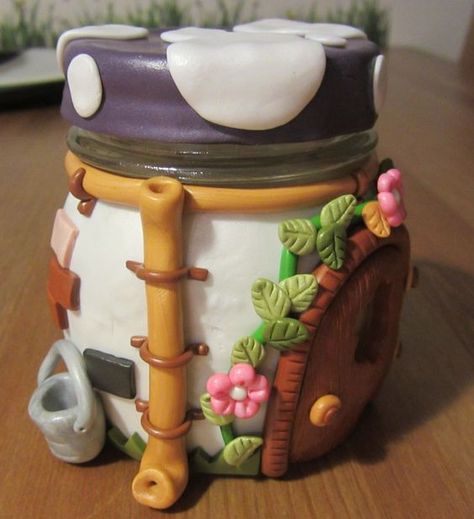 Decorate Glass Jars, Recycled Jars, Clay Fairy House, Polymer Clay Fairy, Clay Jar, Fairy Jars, Jar Art, Clay Fairies, Clay Houses