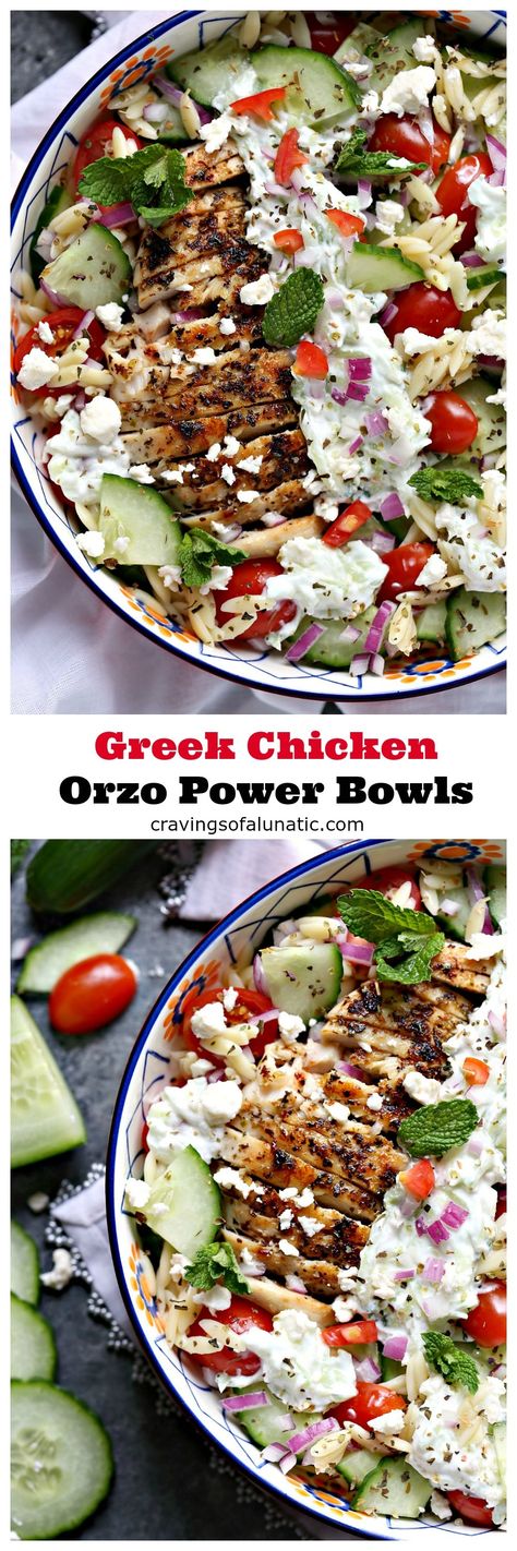 Greek Chicken Orzo Power Bowls are perfect for lunch or dinner. They are super easy to make and packed with delicious ingredients. These bowls are ideal for meal prep and are freezer friendly! #lunch #dinner #healthyrecipe Greek Chicken Orzo Power Bowl, Greek Chicken Orzo Bowl, Greek Chicken Orzo, Homemade Tzatziki, Chicken Orzo, Power Bowls, Nutritious Recipes, Small Tomatoes, Fun Salads