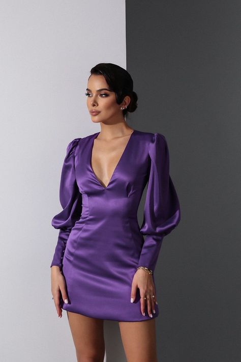 Purple Dress Outfit Party, Party Wear Short Dresses, Mini Purple Dress, Purple Dress Outfit, Purple Dress Outfits, Satin Dress Short, Purple Satin Dress, Purple Short Dress, Dark Purple Dresses