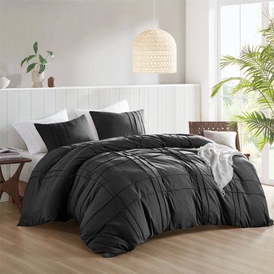 Featuring a chic grid pattern, our pinch pleat duvet cover set offers a sleek design crafted from soft materials. Made to be breathable for all seasons, the pre-washed microfiber cover has been treated to pamper your skin with extra gentleness, inviting you to unwind and rejuvenate. | Ebern Designs Seamus Soft Washed Pinch Pleated Modern Duvet Cover Set black, Microfiber | Home Decor | C100730930_319319259_324890750 | Wayfair Canada Grid Design Pattern, Modern Duvet, Solid Bed, Modern Duvet Covers, Top Of Bed, Bed Comforter Sets, Full Duvet Cover, Comforter Bedding Sets, Comfort Design