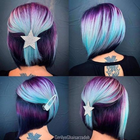 Purple To Grey Ombre Hair, Pig Tale Braids Hairstyles, Electric Blue And Purple Hair, Multiple Color Hair Dye Ideas, Vivid Hair Color Placement, Medium Asymmetrical Hairstyles, Unnatural Hair Color Ideas, Creative Hair Color Placement, Fun Haircolor