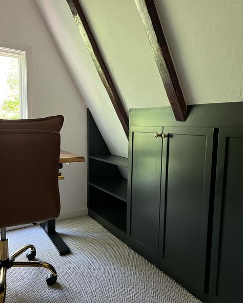 The attic on the fourth floor of our Joyce Lane project, previously an unusable area, has transformed into a cozy and highly functional office complete with bookshelves and storage. It’s truly gratifying to see small spaces like this come to life! Annapolis interior design. Arnold interior design. Attic renovation. Slanted ceilings. Stairway renovation. #intudesign @miahski Home Office Angled Ceiling, Angled Doors Attic, Office With Slanted Ceiling, Slanted Ceiling Built In, Attic Built Ins Slanted Walls, Slanted Ceiling Office, Interior Design Attic, Stairway Renovation, Attic Built Ins