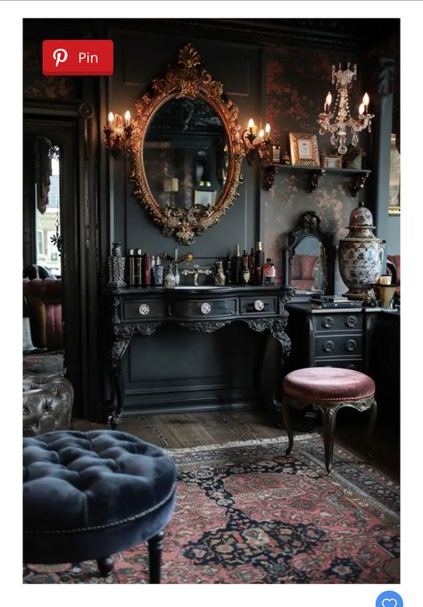 Dark Makeup Room, New England Style Living Room, Dark Home Decor Ideas, Victorian Dressing Room, Black Gold Room, Gothic Victorian House, Feminine Era, Glamour Interiors, Coastal Coffee Table