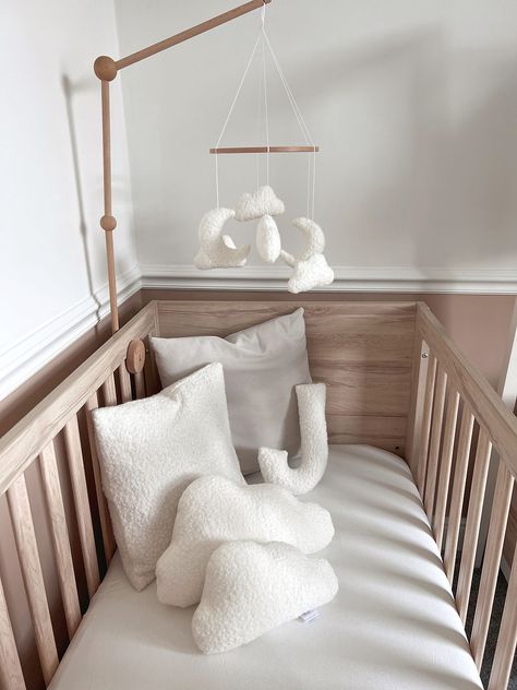 Nursery decorations | United Kingdom | Edie and Joe White Cot Nursery, Nursery Styling, Ikea Baby Room, Cloud And Moon, Ikea Baby, Cloud Nursery Decor, Moon Mobile, Gender Neutral Nursery Decor, Clouds Nursery