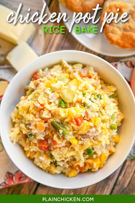 Chicken Pot Pie Rice Bake - chicken, mixed vegetables, cheddar, cream of chicken, sour cream and rice. Ready in 30 minutes! A whole meal in one pan. No need for extra sides!! We love to serve this with some buttermilk biscuits to complete the meal. Everyone loves this easy casserole dish! #casserole #rotisseriechicken #freezermeal #chicken Chicken Mixed Vegetables, Veggie Casserole Recipes, Mixed Vegetable Casserole, Chicken And Vegetable Casserole, Chicken Sour Cream, Knorr Recipes, 2025 Recipes, Easy Casserole Dishes, Cherry Crisp