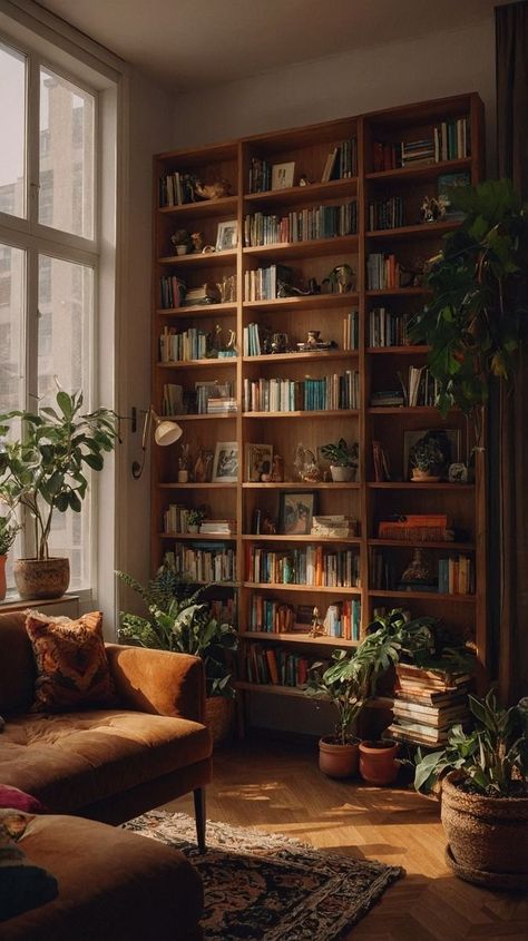 Brown Bookshelf Aesthetic, Comfy Library, Bedroom With Bookshelf, Magic Bookshelf, Home Library Aesthetic, Small Home Library, Brown Bookshelves, Dream Home Library, Office Cozy