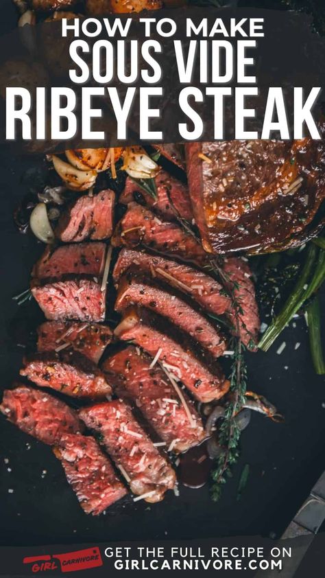 Steak perfectionists, this sous vide ribeye recipe is about to change your life! 🥩😎 By cooking your ribeye low and slow in a precision temperature-controlled water bath, you're unlocking the secret to an incomparably juicy steak with an edge-to-edge ruby-red interior. No more overcooked gray bands or uneven doneness! Every succulent bite will have you savoring incredibly tender beef flavor. Just follow this easy recipe to nail the sous vide method, then quickly sear those steaks to create an a Sous Vide Rib Eye Steak, Sous Vide Ribeye, Ribeye Recipe, Wine Steak, Rib Eye Recipes, Cooking Ribeye Steak, Sous Vide Steak, Ribeye Steak Recipes, Leftover Steak