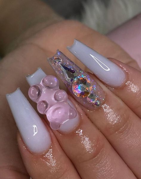 White Gummy Bear Nails, Acrylic Nails Gummy Bear, Nails Gummy Bear, Nail Crystal Designs, Gummy Bear Nails, White Gummy Bear, Bear Nails, Makeup Nails Designs, Bears Nails