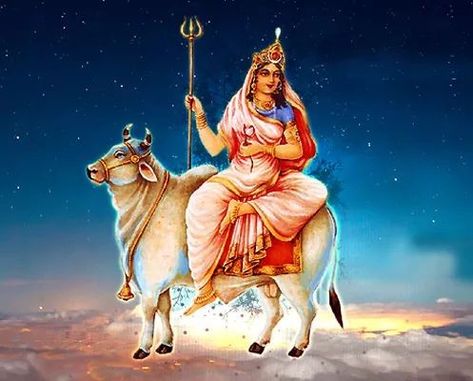 'On the first day of Navratri, we pay homage to Shailaputri Maa the first of the Navadurga, or nine major incarnations of Durga.    "Among the Nine Durgas, Maa Shailputri is considered to be the first manifestation of goddess Durga.  She carries the trishul and the lotus in her hands. Her vehicle is the Bull, Nandi.  The narrative regarding her birth has been described in scriptures like Shivapurana and Devi Bagvaatam Maa.  Shailputri in her previous birth was born as a daughter to Daksha...'H-P Maa Shailputri, Navratri Pictures, Navratri Wallpaper, Navratri Puja, Chaitra Navratri, Navratri Wishes, Kali Mata, Sanskrit Quotes, Happy Navratri Images