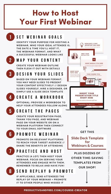 8 steps to help you start and host your first webinar  - Get Sales ideas #GetSales Webinar Template, Webinar Design, Keynote Design, Digital Course, Slide Deck, Course Creation, Deck Template, Create Online Courses, Slides Presentation