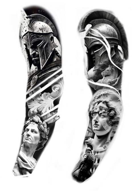 Apollo Tattoo, Samurai Tattoo Sleeve, Warrior Tattoo Sleeve, Gladiator Tattoo, Egyptian Tattoo Sleeve, Spartan Tattoo, Half Sleeve Tattoos Drawings, Full Sleeve Tattoo Design, Full Arm Tattoos