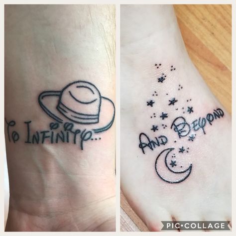 Siblings. Couples. Toy story Toy Story Tattoo Ideas Best Friends, Toy Story Tattoo Ideas, To Infinity And Beyond Tattoo, Infinity And Beyond Tattoo, Beyond Tattoo, Spouse Tattoos, Brother Tattoo, Toy Story Tattoo, Married Couple Tattoos