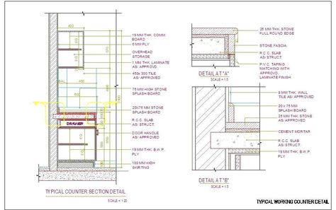 A typical stone counter top fixing detail to wall. Showing all required blow up details of fixing R.C.C. slab, Stone Facia, Splash Board, Wooden Drawer, Wooden Shutter, Skirting etc. Kitchen Facia Detail, Stone Skirting Detail, Kitchen Working Drawing Details, Drawer Detail Drawing, Skirting Detail, Counter Detail, Furniture Details Drawing, Kitchen Slab, Stone Counter