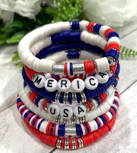 Popular Beaded Bracelets, White And Blue Bracelet, Bead Bracelet Stack, Heishi Jewelry, Candy Bracelets, Heishi Bead Bracelet, Arm Candy Bracelets, Clay Bracelets, Heishi Bracelet