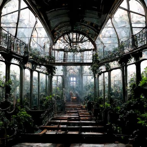 prompthunt: interior of **Christal palace 19th century greenhouse glasshouse art noveau architecture with iron winding stairs and exotic trees and flowers overgrown and abandoned haunted spooky lights floating and shadows dancing 19th Century Greenhouse, Goth Architecture Interior, Abandoned Greenhouse Aesthetic, Art Nouveau Greenhouse, Art Noveau Interiors, Witchy Architecture, Creepy Greenhouse, Overgrown Manor, Edwardian Greenhouse