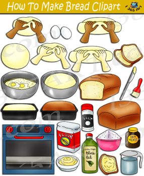 This clipart set contains various images for making bread. Set includes images in both color and black and white versions of each! This set contains 46 clipart files that include all of the images in the preview. 2 eggs, baked bread, unbaked bread, ball of dough, bread loaf, bread slices, butter brush, butter knife, butter on bread, butter spread, cut bread loaf, dry yeast, flour, 4 handwork images of dough, 2 mixing bowl stages, olive oil, blue and red oven, salt, sugar and watr. There are 24 f Bread Clipart, Chibi Coloring, Calendar Doodles, Chibi Coloring Pages, Making Bread, Make Bread, Birthday Cake Topper Printable, Food Clipart, Paper Doll House