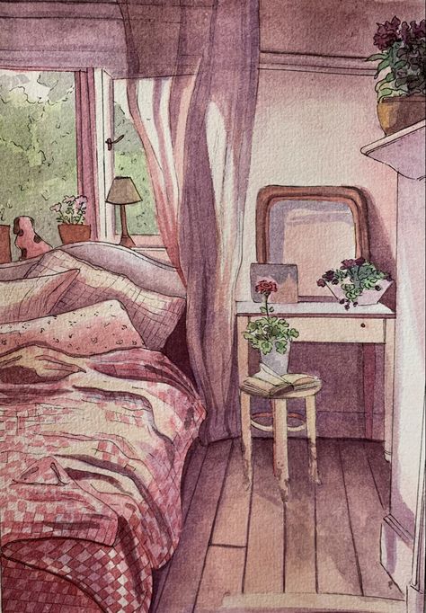 Watercolor Room Drawing, Pink Monochrome Painting, Watercolor Lofi Art, Monochrome Illustration Colour, Watercolour Room Painting, Room Illustration Aesthetic, Watercolor Room Painting, Monochrome Drawing Colour, Bedroom Illustration Aesthetic