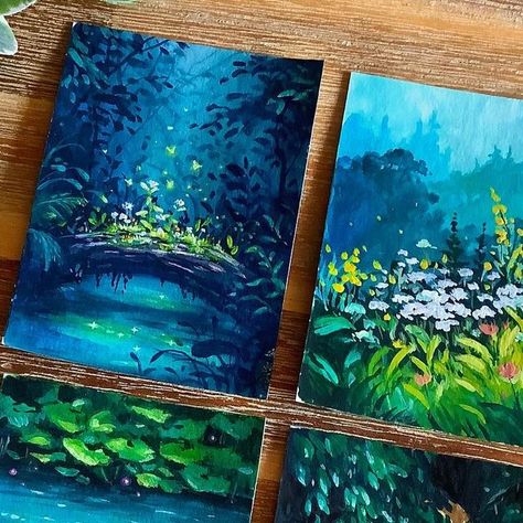 Heidelinde on Instagram: "Four small gouache paintings~ 💚 Which one’s your favourite? 🙂 The first and last one are sold but the other two are still available in my shop! ✨ . #gouache #gouachepainting #gouacheartist #illustration #originalart #traditionalart #magicart #forestart #natureart #painting #naturelovers #forestlovers #fairyforest #fairies #greenery #greenlove #sparkle" Goodness In You Paintings, Whimsical Gouache Painting, Underwater Gouache Painting, Small Gouache Painting, Gouche Painting Beginners, Guache Art Gouache Painting, Gouache Art For Beginners, Greenery Painting, Gouache Painting Ideas