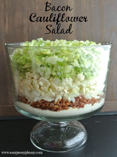 Bacon Cauliflower Salad is a huge hit and feeds a crowd! Assemble in layers ahead of time and mix all together right before serving. Bacon Cauliflower Salad, Overnight Salad, Broccoli Cauliflower Salad, Seven Layer Salad, Layered Salad Recipes, Bacon Cauliflower, Make Ahead Salads, Layered Salad, Bacon Salad