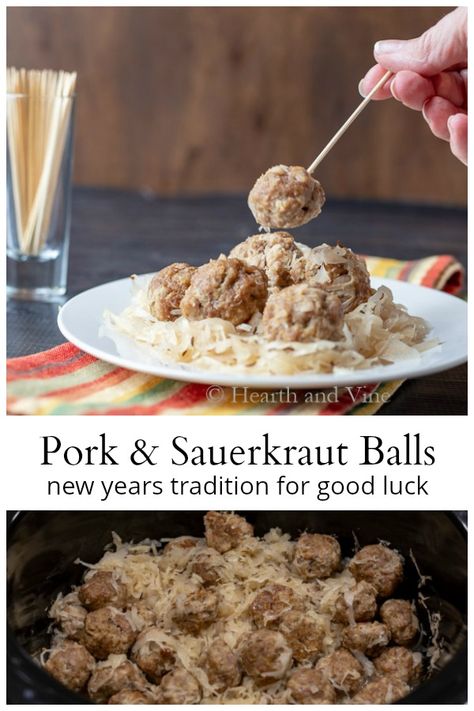 Traditional New Year's flavors for Good Luck are found in these party sized pork and sauerkraut balls. Nice bite sized meatballs for any get together. #NewYears #GoodLuckTradition #Appetizer #FingerFood Sauerkraut Meatballs, Pork Sauerkraut, Ground Pork Meatballs, Sauerkraut Balls, Hors Devours Appetizers, Sauerkraut Dishes, Pork And Sauerkraut, Easy German Recipes, Pork Casserole