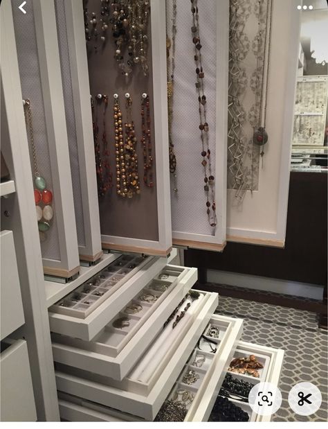 Slide Out Jewelry Storage, Necklace Closet Organizer, Vertical Jewelry Storage, Huge Jewelry Organizer, Custom Jewelry Drawer, Built In Jewelry Cabinet, Hide Jewelry Ideas, Large Jewelry Collection Storage, Vanity With Jewelry Storage