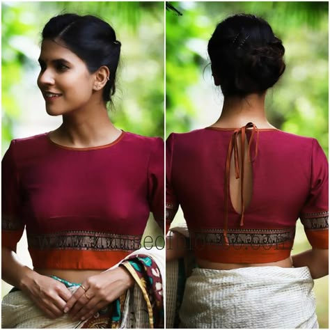 Saree Blouse Boat Neck Designs, Irkal Saree Blouse Pattern, Irkal Saree, Ikat Blouse Designs, House Of Blouse, Blouse Designs High Neck, Cotton Saree Blouse Designs, Cotton Blouse Design, Blouse Designs Catalogue