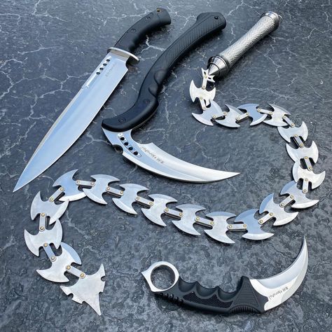 Insane Chrome Mayhem Knife Set with the titanium chain whip King's Dominion, Chain Whip, Fantasy Dagger, Halloween Costumes 2022, Knife Aesthetic, Creepy Cute Fashion, Ancient Armor, Pretty Knives, Tactical Gear Loadout