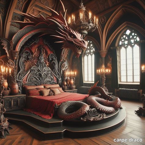 Lucifer Penthouse, Fictional Architecture, Dragon Furniture, Castle Aesthetic Interior, Medieval Bed, Medieval Bedroom, Dragon Bedding, Royal Bedroom, Viking House