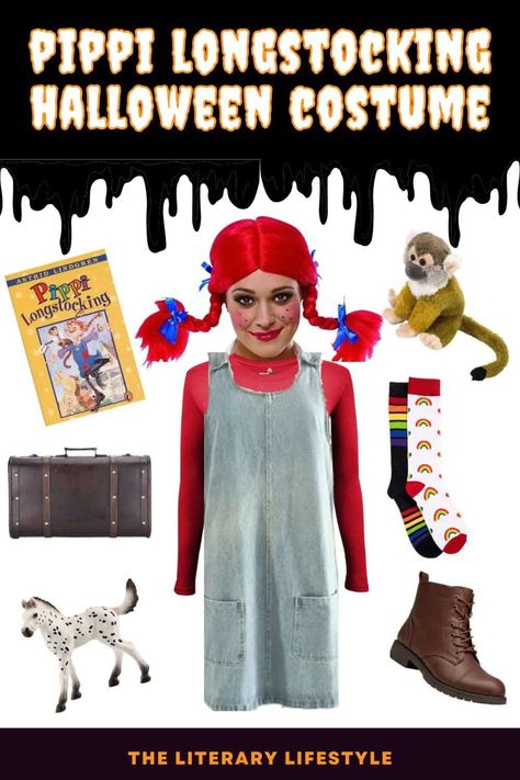 Easy DIY Pippi Longstocking Costume for Adults on Halloween Pippi Longstocking Halloween Costume, Pippi Longstocking Costume, Pippi Longstocking Costumes, Book Character Costume, Red Braids, Mismatched Socks, Book Character Costumes, Overall Jumper, Literary Characters