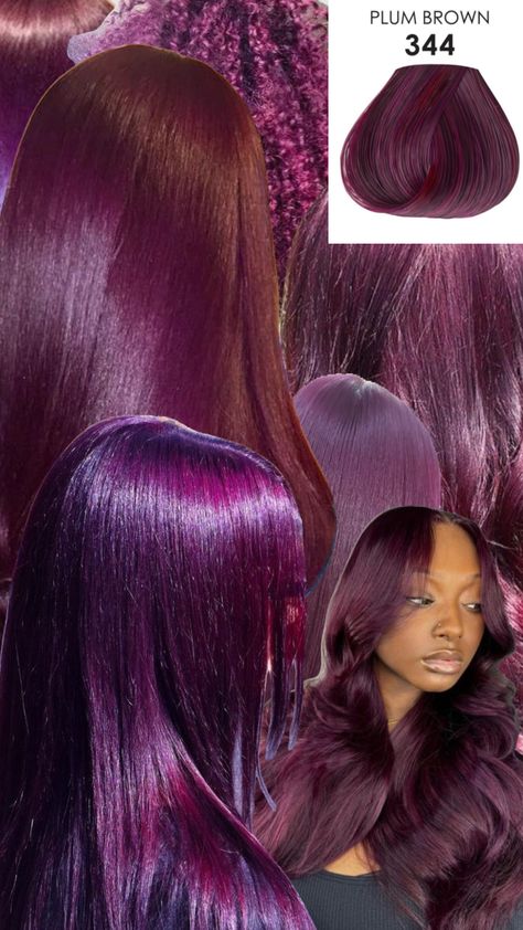 Purple Plum Hair Color, Purple Sew In, Purple Dyed Hair Black Women, Purple Hair On Brown Skin, Purple Hair On Dark Skin, Purple Hair Dark Skin, Purple Hair Black Women, Purple Burgundy Hair, Purple Natural Hair