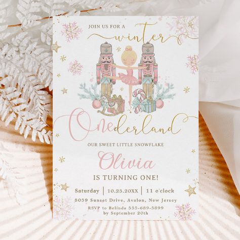 $3.09 | The Nutcracker Winter Onederland 1st Birthday | Birthday Invitations | winter onederland wonderland, 1st birthday party turning one, the nutcracker 1st birthday party, clara and the nutcracker ballet, sweet pastel soft delicate, blush pink gold glitter snowflakes, christmas first birthday party, presents candy cane rocking horse, whimsical, chic cute sweet girly holidays 1st Birthday In December, Girls Winter Onederland Birthday, Winter Onederland Party Invitations, 1st Birthday Christmas Theme Girl, Winter Kids Birthday Party Ideas, It’s The Most Onederful Time Of The Year Birthday, New Years First Birthday Party, One Year Old Birthday Party Girl Winter, Winteroneder Land Theme Party