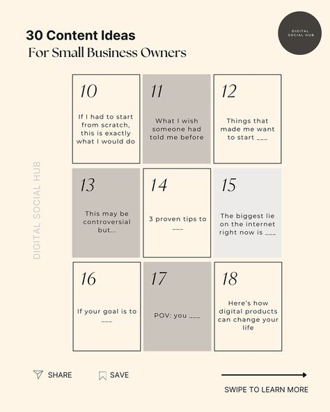 Here are 30 content ideas for small business owners! 💡 I hope this helps you plan and stay consistent. Save and share this so you can schedule them later! 🗓️ Remember consistency is key! ✅ SHARE this post to someone who relate 💬 Follow me @digitalsocial.hub and comment “IG” for my Free IG Growth Guide sent to your DMs #contentforbusiness #contentmarketingtip #contentmarketingstrategies Content Ideas For Small Business, Ideas For Small Business, Consistency Is Key, Stay Consistent, Content Ideas, Small Business Owners, Small Business Owner, Business Owners, Business Owner