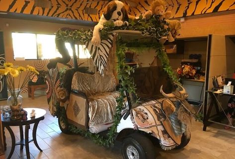 Safari Golf Cart Decorations, Decorated Golf Cart Ideas Fun, Disney Golf Cart Decorations, Beetlejuice Golf Cart, Halloween Golfcart, Halloween Decorated Golf Carts, Golf Cart Parade, Halloween Golf, Golf Cart Decorations