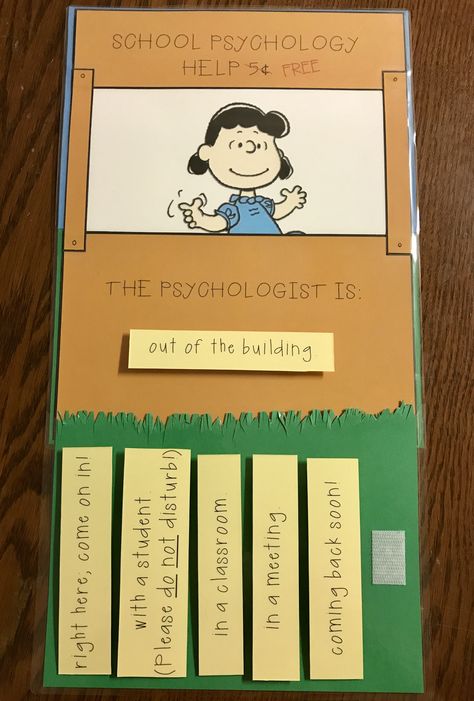 School psychologist's office door sign! Peanuts. Lucy. Psychiatric help. The doctor is in. Where Is The Counselor Sign, Sel Office Decor, Where Is The School Psychologist, Where Is The Counselor Door Sign, Cute Office Door Signs, Where Am I Office Door Sign, School Psychologist Gift Ideas, Where Is The School Counselor Sign, School Psychology Office Decor