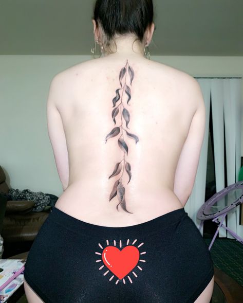 Willow tree branch spine tattoo down the back Tree Tattoo Back Shoulder, Willow Branch Spine Tattoo, Willow Tree Back Tattoo Women, Tree Branch Spine Tattoo, Tree Branch Back Tattoo, Willow Tree Spine Tattoo, Willow Tree Leaf Tattoo, Spine Tattoos Tree, Willow Vine Tattoo