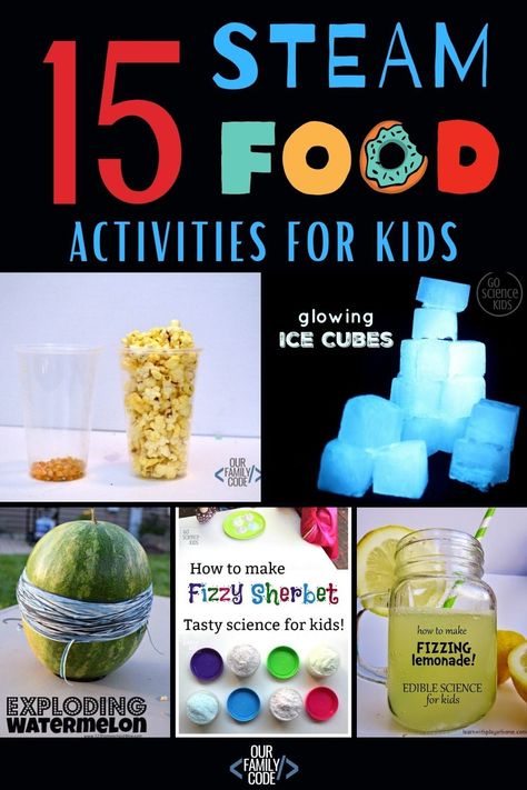 These 15 STEAM food activities offer great hands-on learning opportunities for kids of all ages! #foodscience #STEMed #STEM #homeschool #teachingkids Kitchen Stem Activities, Stem Food Activities, Stem Baking Activities, Stem Activities With Food, September Steam Activities, Food Stem Activities, Thanksgiving Steam Activities, Steam Activities With Food, Easy Steam Activities Elementary