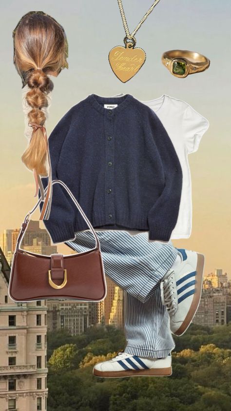 City strolling outfit, casual outfit, women’s outfit, women’s casual outfit, spring outfit, adidas, adidas shoes, purse, brown leather purse, leather purse, striped pants, blue striped pants, cardigan, outfit inspo, women’s outfit inspo, women’s gold jewelry, gold jewelry, braids, braided hair, blue outfit, blue cardigan, white tee, simple outfit, classic outfit, fashion Outfit Inspo Women, Casual Outfit Women, Casual Outfit Spring, Blue Striped Pants, Outfit Adidas, Outfit Classic, Brown Tee, Brown Leather Purse, Cardigan Outfit