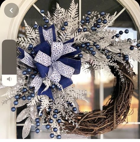 Cmas Wreaths, Wired Ribbon Wreath, Ribbon Wreath Christmas, Silver Wreath, White Christmas Wreath, Blue Christmas Decor, Christmas Front Doors, Winter Inspired, Ribbon Wreath