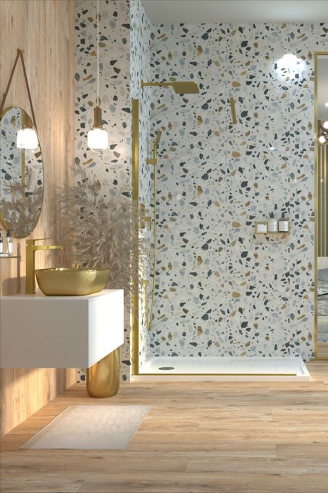 Bathroom Terrazzo, Terazzo Floor, Terrazzo And Wood, Acrylic Shower Walls, Terrazzo Wall, Waterproof Wall Panels, Acrylic Wall Panels, Wood Tile Bathroom, Wood Floor Bathroom