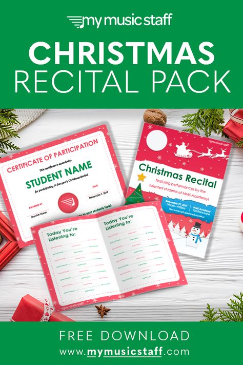 This snowy Christmas-themed recital pack download is festive, easy to use, and best of all - FREE! The download file includes editable templates for Word and Pages. Includes both letter-sized and A4. Christmas Piano Recital Ideas, Christmas Music Games For Kids, Piano Recital Program Template Free, Piano Recital Gifts, Christmas Music Lesson, Christmas Music Activities, Kids Piano, Teaching Business, Piano Classes