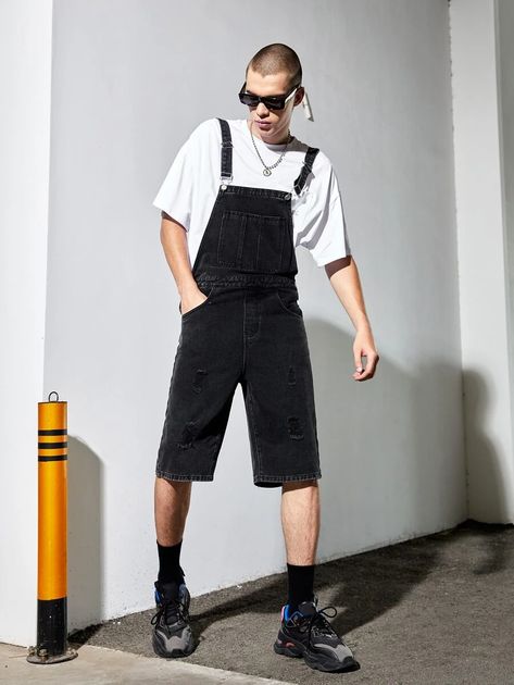 Men Ripped Backless Denim Suspender Shorts | SHEIN Denim Suspenders, Suspender Shorts, Overalls, Fashion Inspo, Bts, For Men, Pants, Trousers