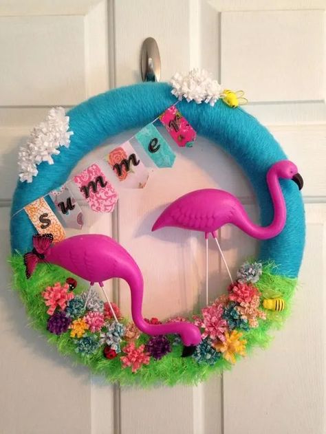 50+ Easy DIY Dollar Store Summer Wreaths for Front Door That Will Make You Feel Sunny - HubPages Pink Flamingo Wreath, Pool Noodle Wreath, Flamingo Wreath, Flamingo Craft, Flip Flop Wreaths, Clothes Pin Wreath, Summer Deco, Flamingo Decor, Crochet Summer