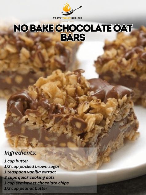 No Bake Chocolate Oat Bars I baked about 100 dozen cookies for the holidays and these were everyone’s favorite 😋! These bars can be frozen, just thaw 10 minutes before serving. Ingredients 1 cup butter 1/2 cup packed brown sugar 1 teaspoon vanilla extract 3 cups quick cooking oats 1 cup semisweet chocolate chips 1/2 cup peanut butter How To Make No Bake Chocolate Oat Bars Grease a 9×9 inch square pan. Melt butter in large saucepan over medium heat. Stir in brown sugar and vanilla. Mix in the ... No Bake Oat Bars, No Bake Chocolate Oat Bars, Chocolate Oat Bars, Chocolate Oats, Slow Cooker Desserts, Easy No Bake, Oat Bars, No Bake Bars, Cookie Bar Recipes